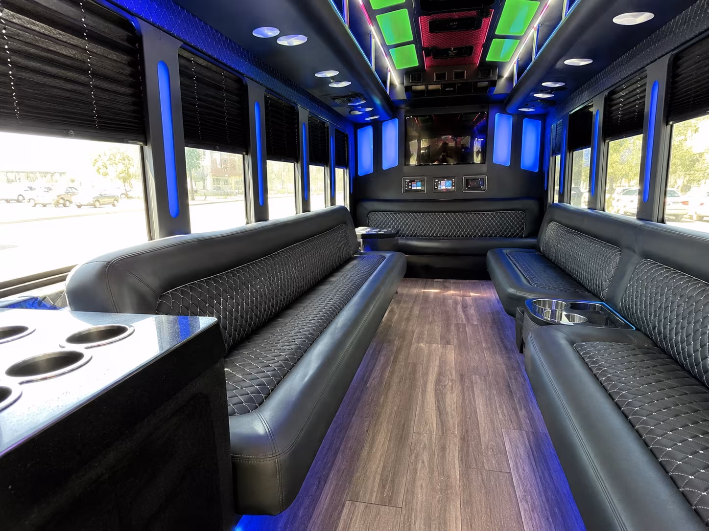 orange 15 passenger party bus inside