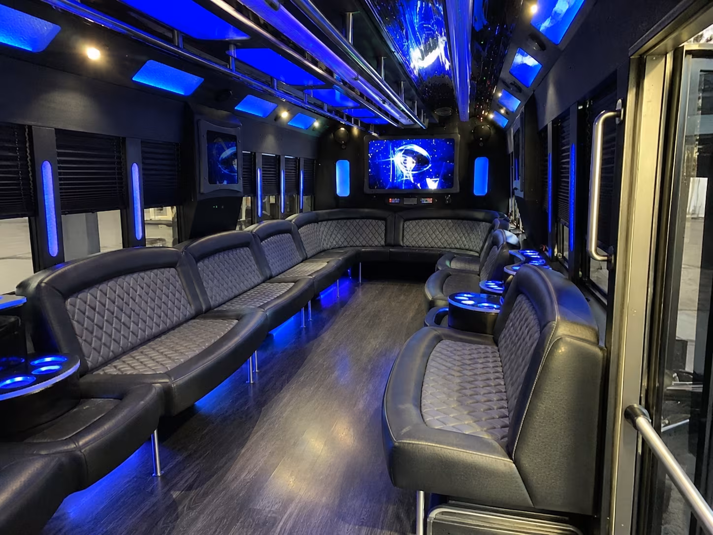 orange 28 passenger party bus interior