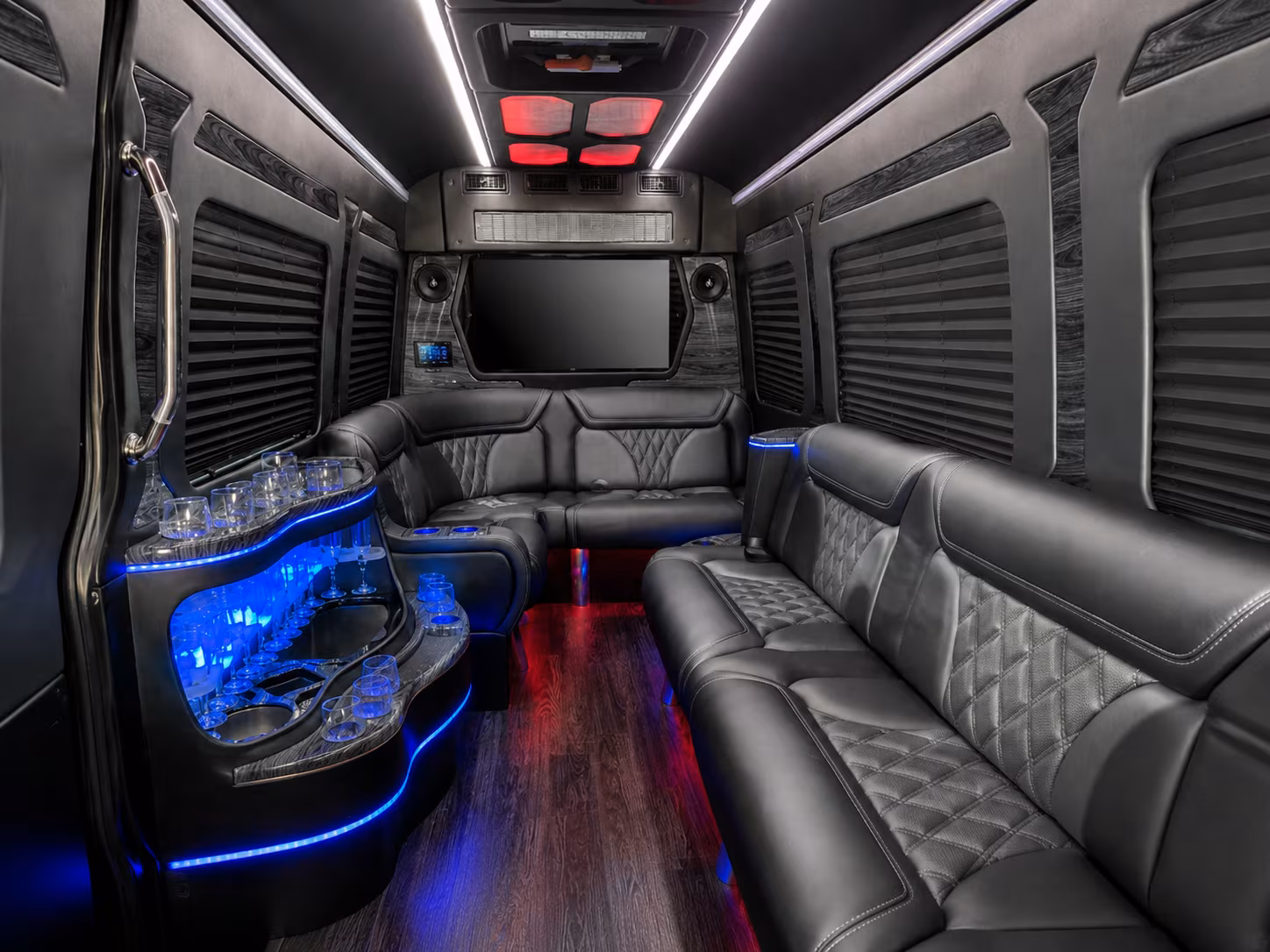 orange 30 passenger party bus inside